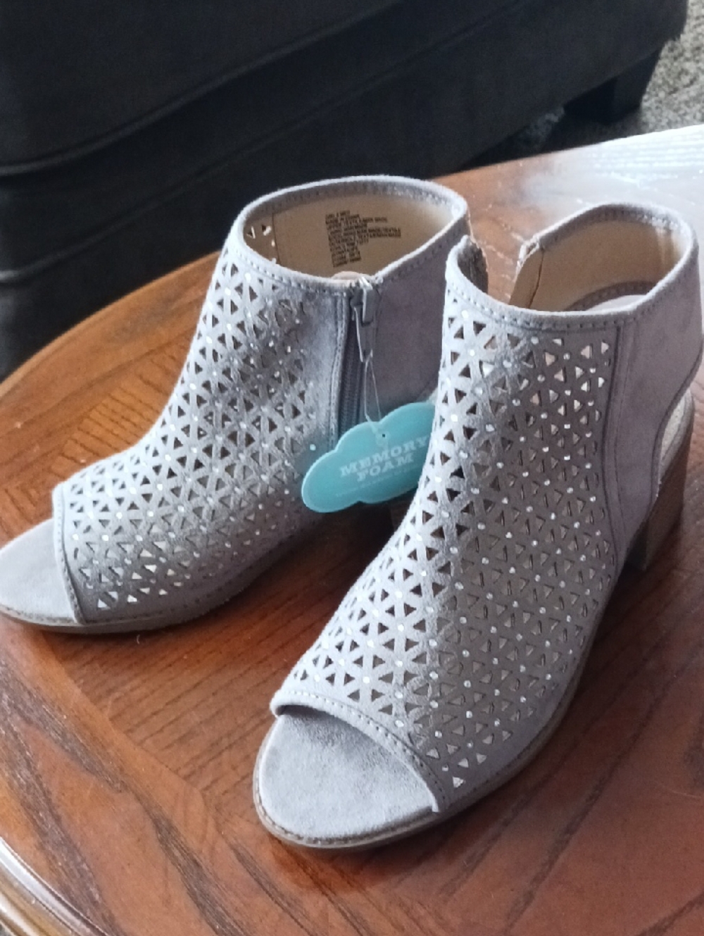 Women's Gray Laser-Cut Peep Toe Block Heel Booties